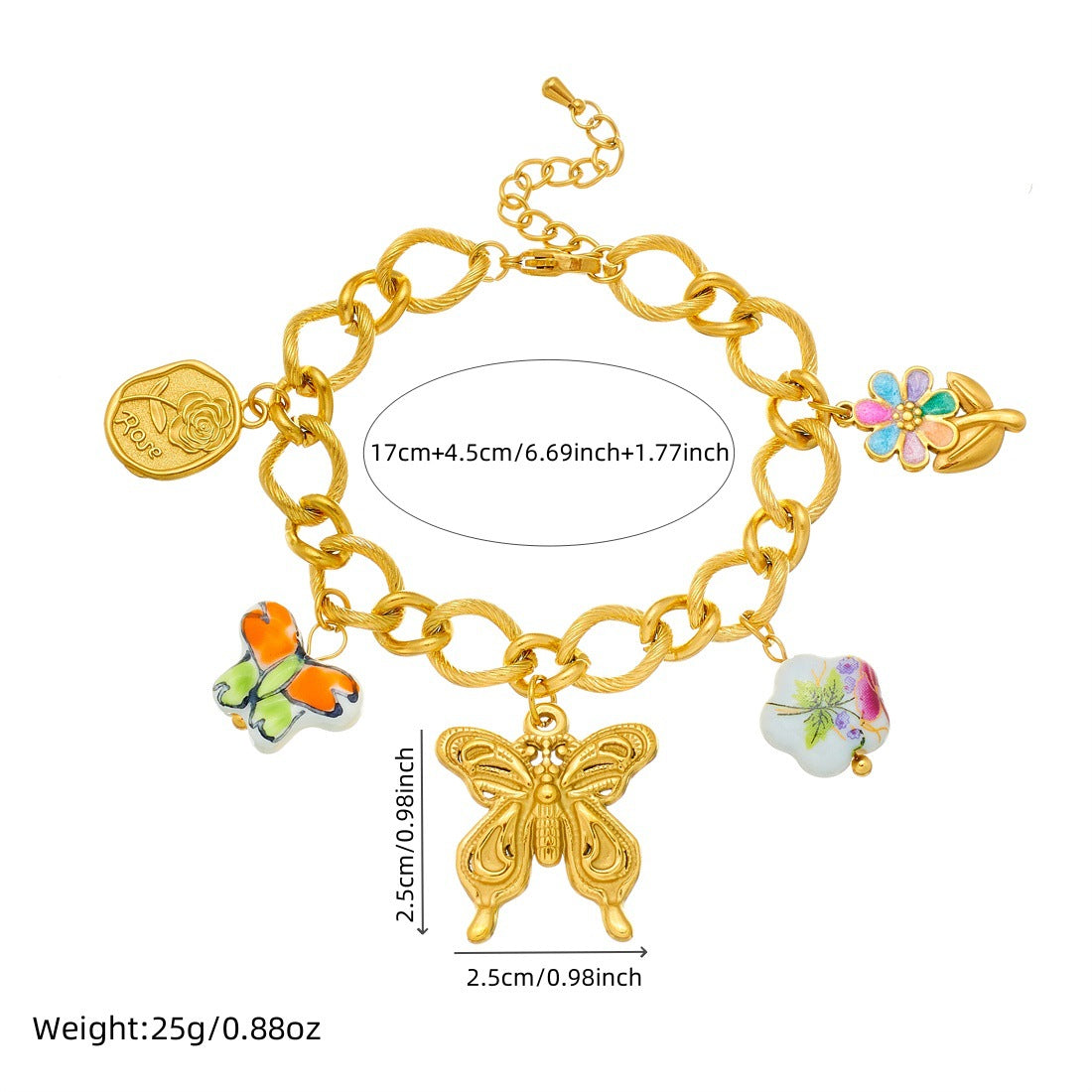 Sweet Elegant Gold Plated Ceramic Floral Butterfly Drip Oil Pendant Necklace and Bracelet Set for Women with Cable Chain