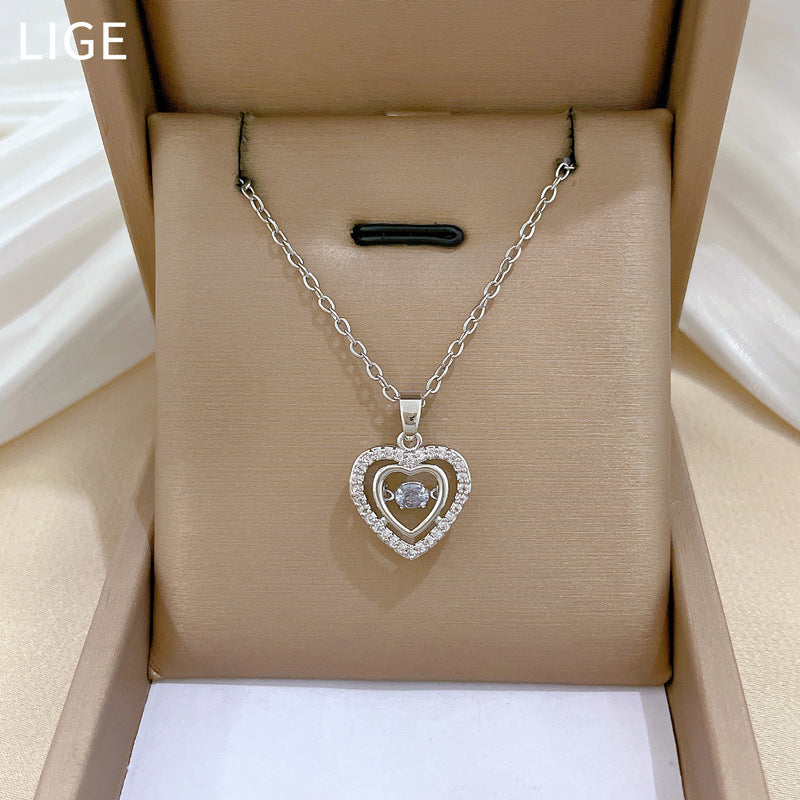 Elegante collana a doppio strato a forma di cuore in acciaio al titanio con strass per donna