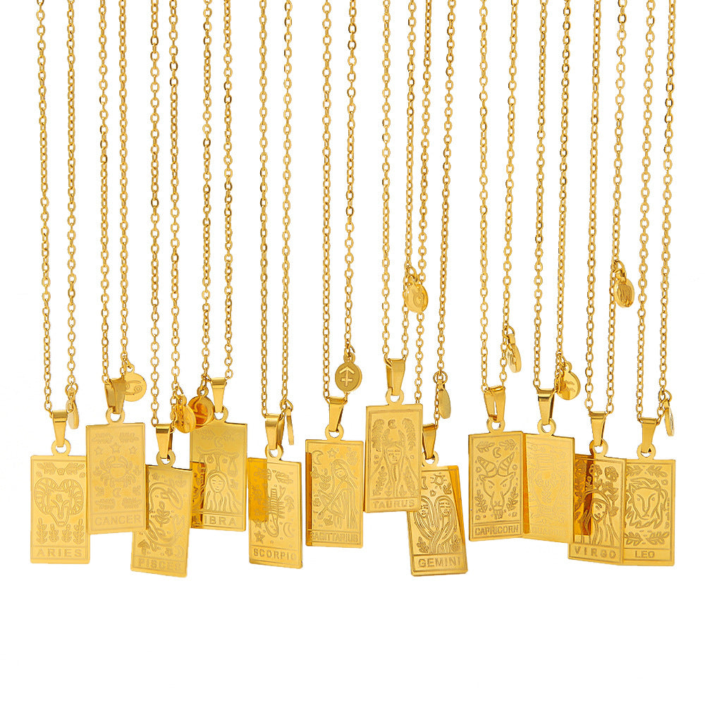 Collana con ciondolo costellazione zodiacale minimalista in acciaio inossidabile placcato oro 18 carati con catena a locket quadrato in acciaio al titanio per donne