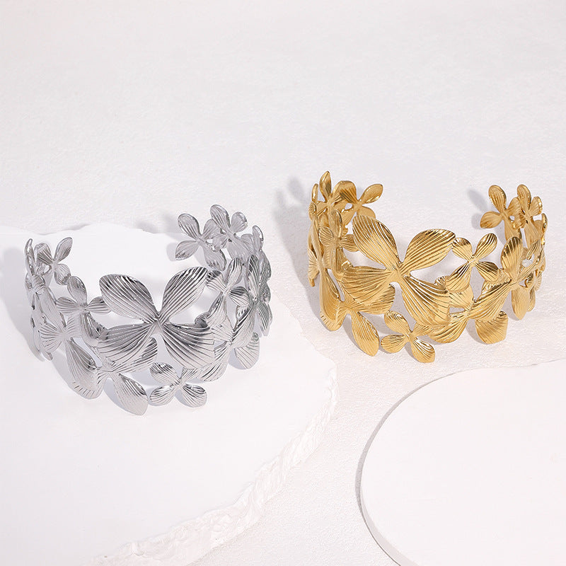 Minimalist 18K Gold Plated Stainless Steel Wide Cuff Bracelet with Lily Flower Design for Women