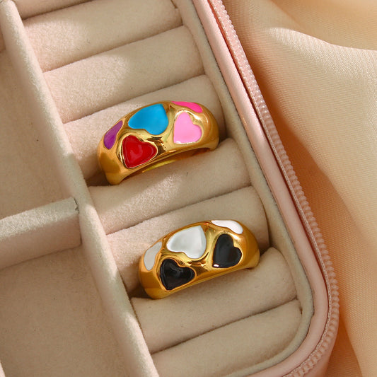 Minimalist Geometric Heart-Shaped Stainless Steel Ring with 18K Gold Plating and Black-White Enamel Accents for Women