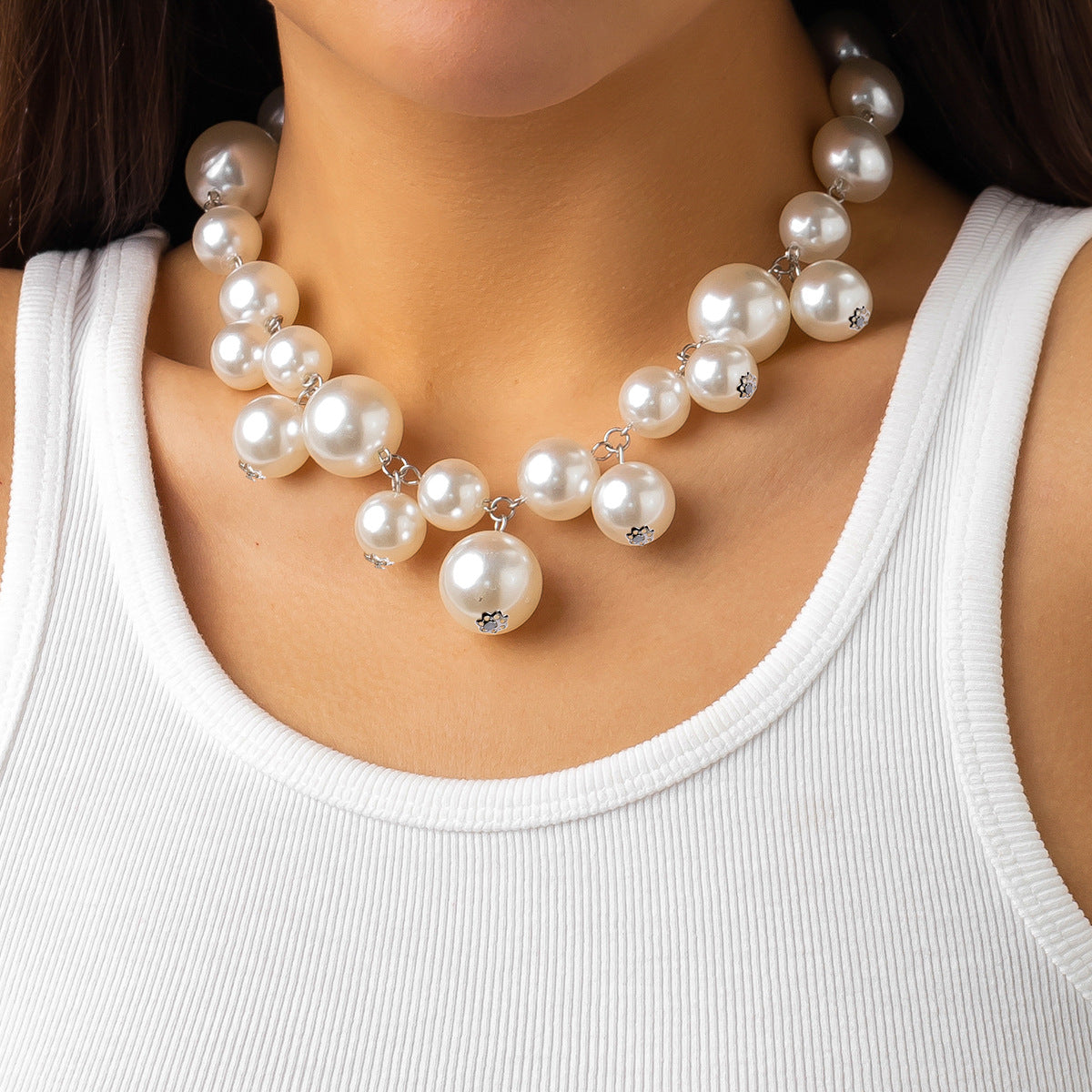 Punk Geometric Faux Pearl Plated Ball Chain Choker Necklace for Women