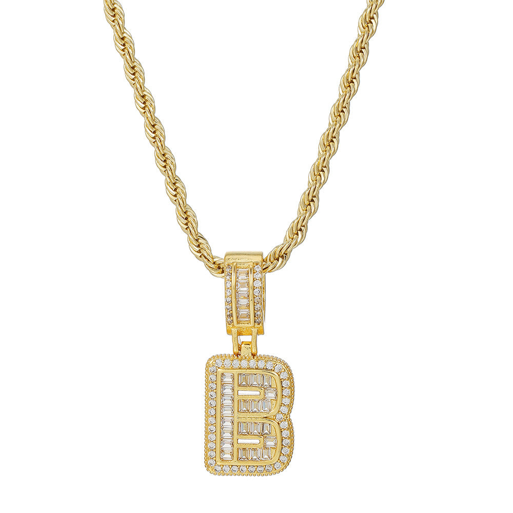 Personalized 18K Gold Plated Brass Cubic Zirconia Letter Pendant Necklace with Stainless Steel Rope Chain