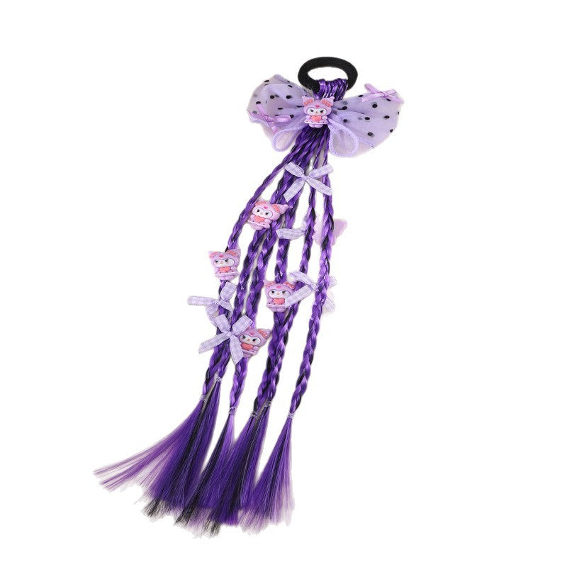 Cartoon Character Bow Hair Tie for Kids with Braided Design and Knitted Fabric Construction in Pastel Macaron Style