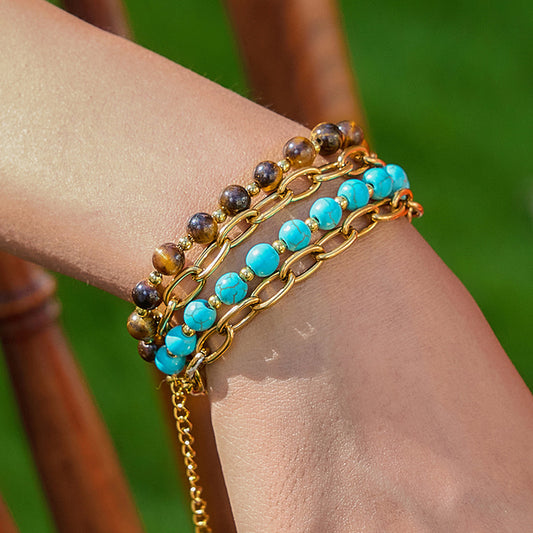 Pulsera Minimalista Geométrica de Acero Inoxidable con Ojo de Tigre para Mujer