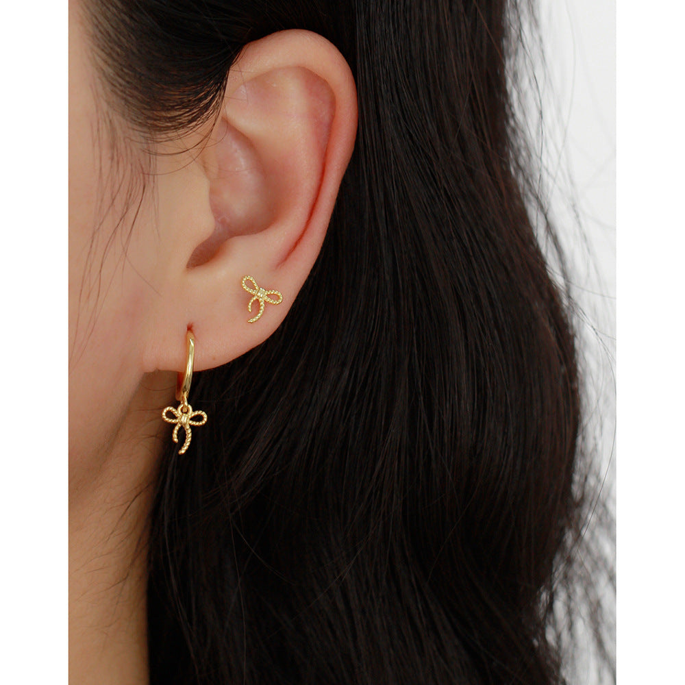 Sweet Minimalist Bow Plated 925 Sterling Silver Screw-Back Hoop Earrings for Women