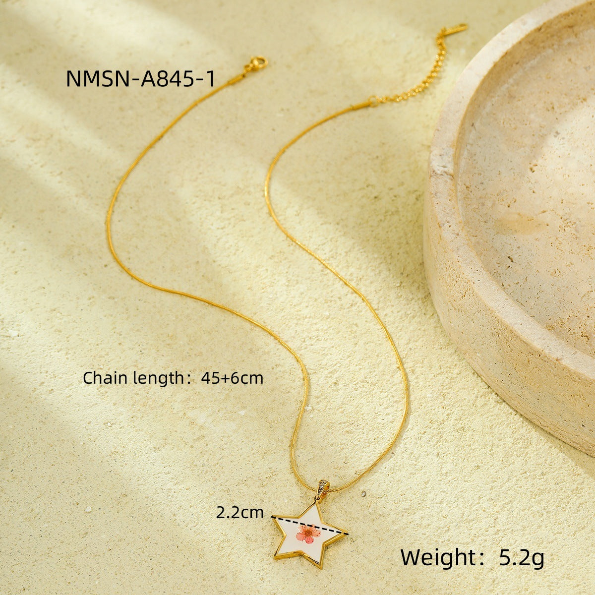 Minimalist Geometric Five-Point Heart Resin Enamel Pressed Dried Flower Pendant Necklace in Stainless Steel
