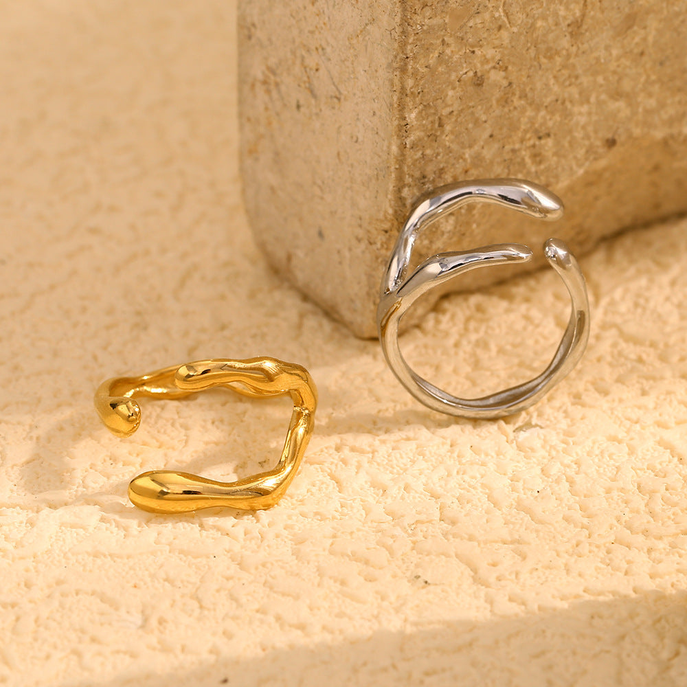 Anillo abierto de acero inoxidable chapado en oro de 18 quilates con diseño geométrico irregular minimalista para mujer