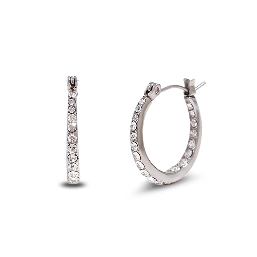 Minimalist Geometric Stainless Steel Earrings with 18K Gold Plating and White Rhinestone Inlay for Women