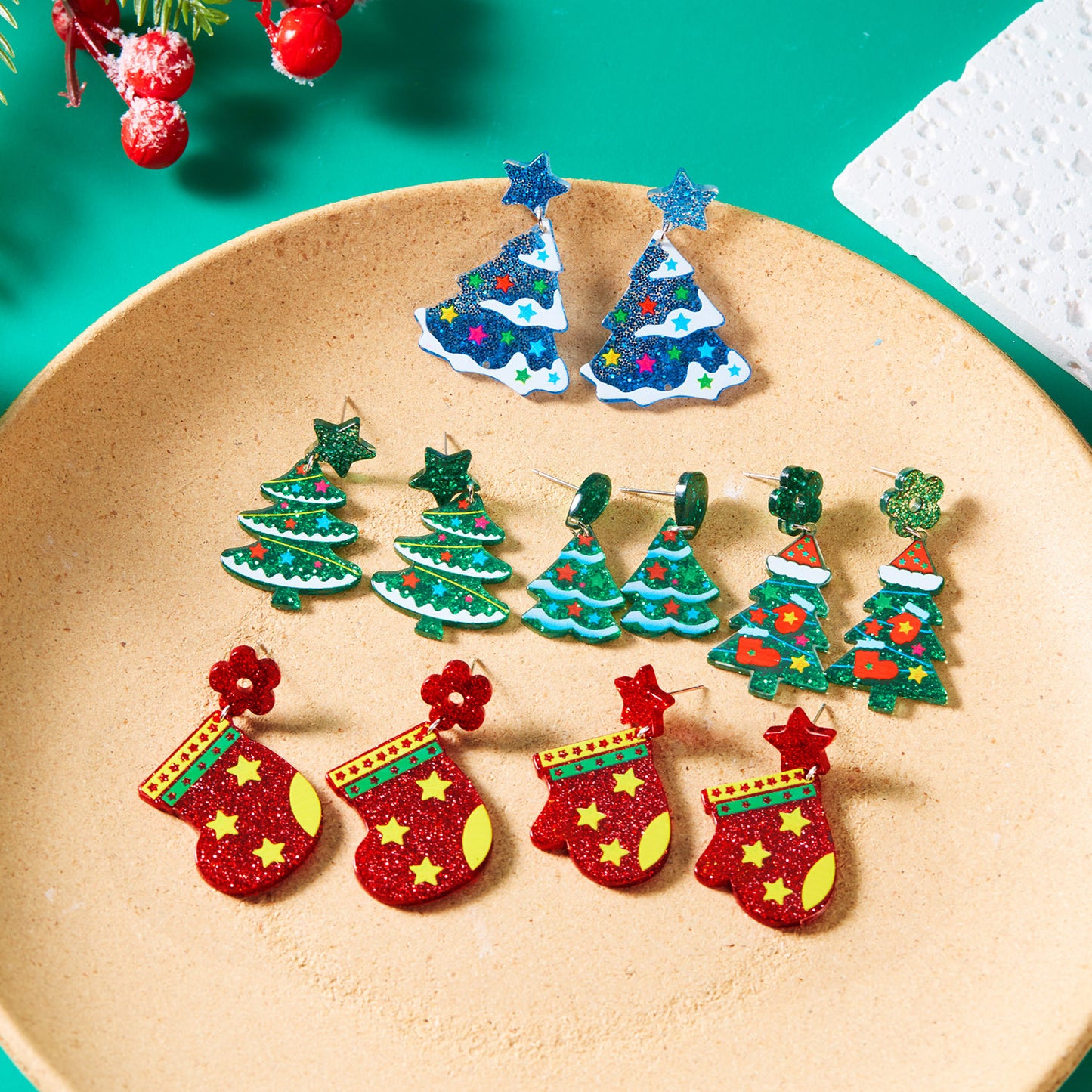 Pendientes Acrílicos en Forma de Árbol de Navidad para Mujer con Patrón Festivo Impreso