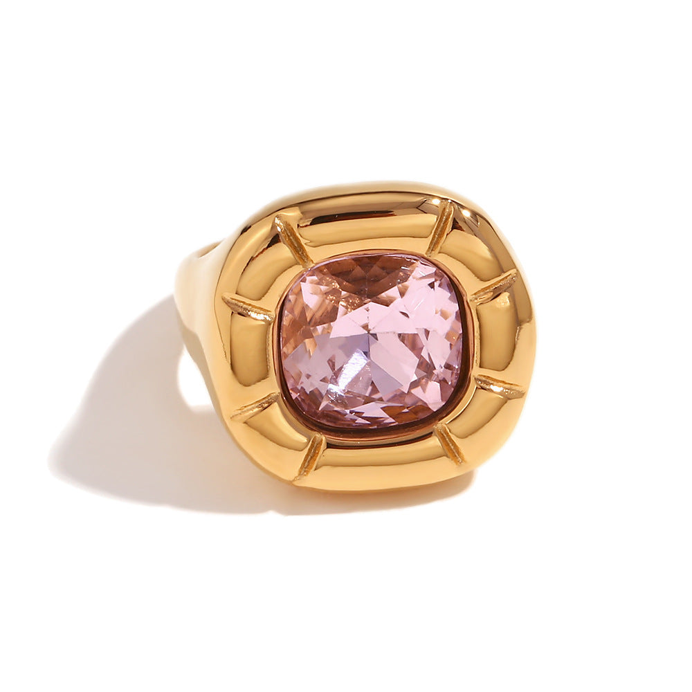 Vintage Fashion Floral Geometric Square Zirconia Necklace for Women Stainless Steel with 18K Gold Plating