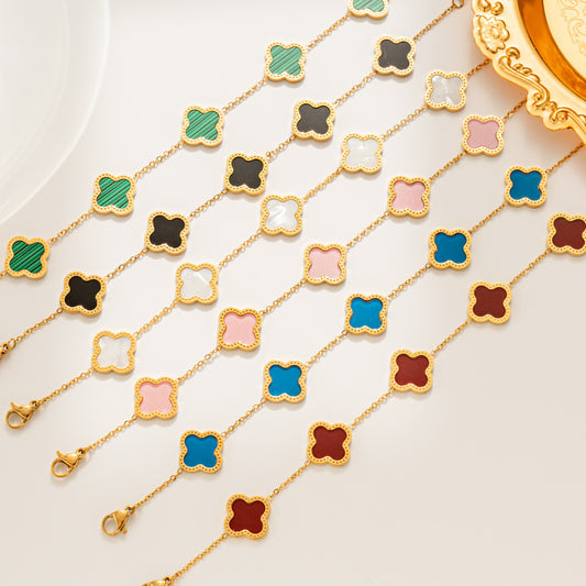 Pulsera de Acero Titanio Trébol de Cuatro Hojas Geométrico de Lujo Ligero con Baño de Oro Rosa de 18K
