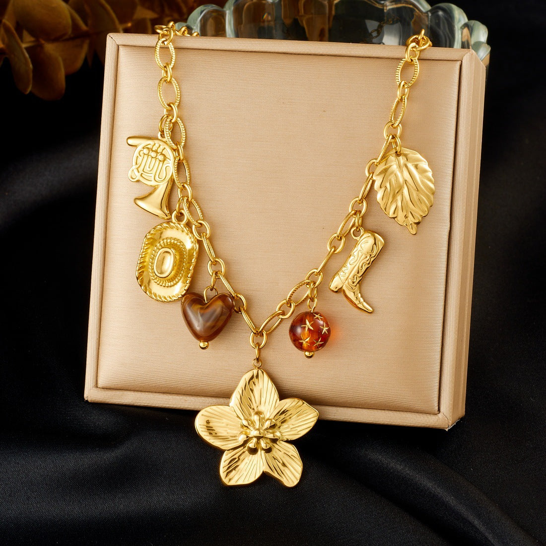 Vintage Gold Plated Stainless Steel Necklace with Acrylic Floral Heart Boot Hat and Musical Instrument Pendants Cable Chain for Women