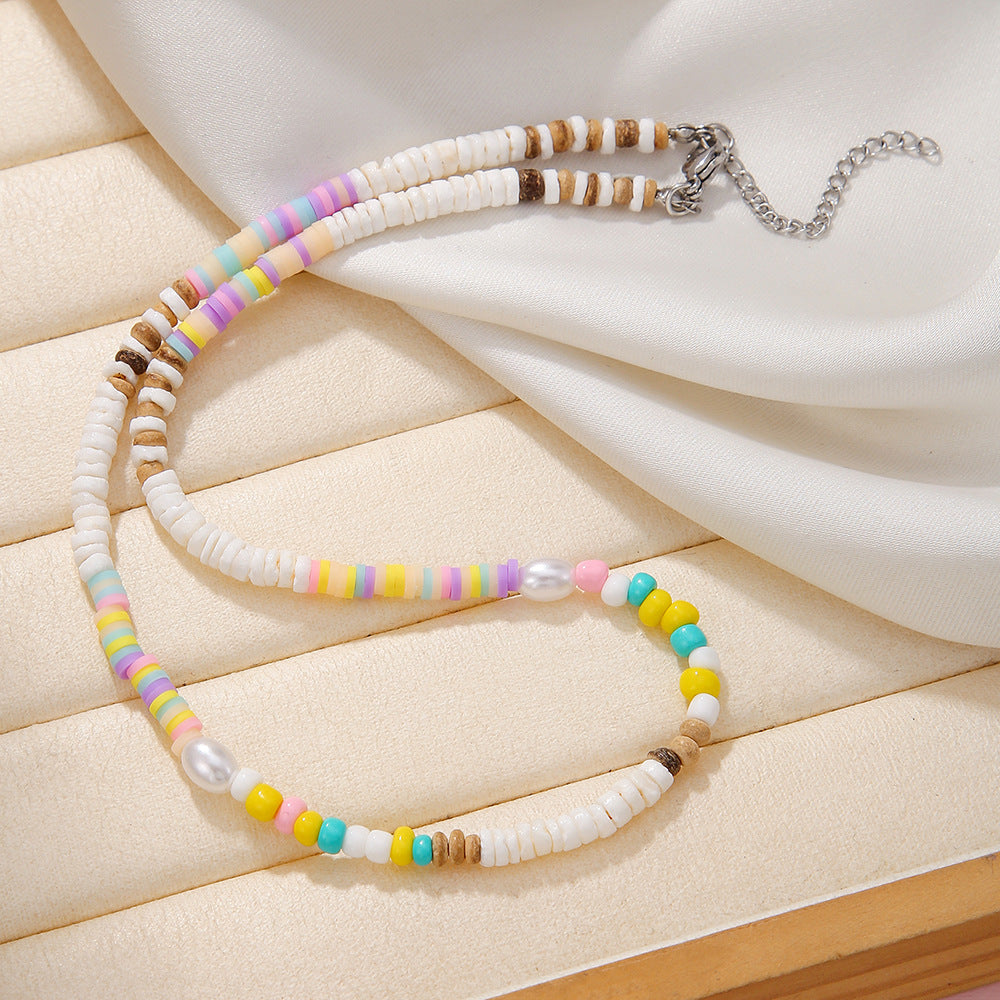 Bohemian Colorful Seed Pearl Geometric Stainless Steel Plated Necklace for Women