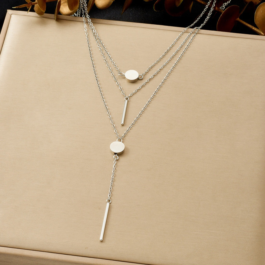 Minimalist Gold Plated Stainless Steel Round and Rectangle Pendant Layered Necklace with Tassel for Women