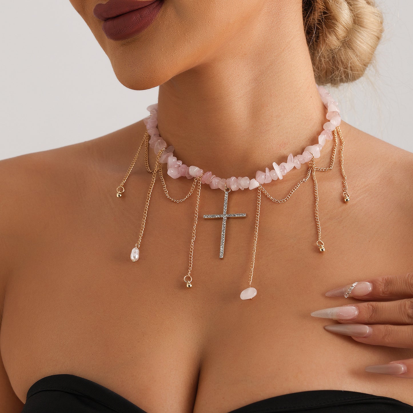 Geometric U-Shaped Cross Pendant Necklace for Women with Rhinestone Inlay and Gold-Plated Alloy Chain