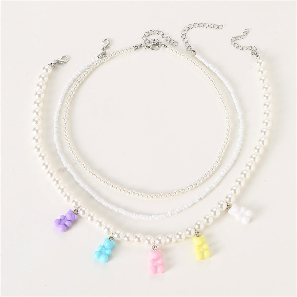Collana con Ciondolo in Resina a Forma di Orsetto Carino e Perle Bianche per Bambini, Catena Fatta a Mano con Perline Rotonde