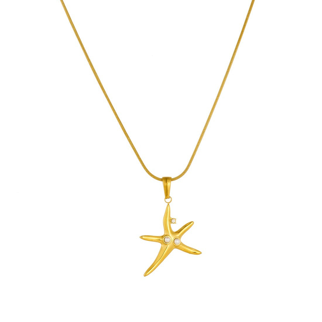Vintage Sweet Gold Plated Stainless Steel Starfish Pendant Necklace Set with Rhinestone and Pearl