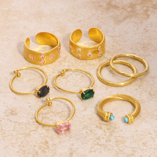 Adjustable Round Stainless Steel Ring with 18K Gold Plating and Colorful Zircon Inlay for Unisex Wear