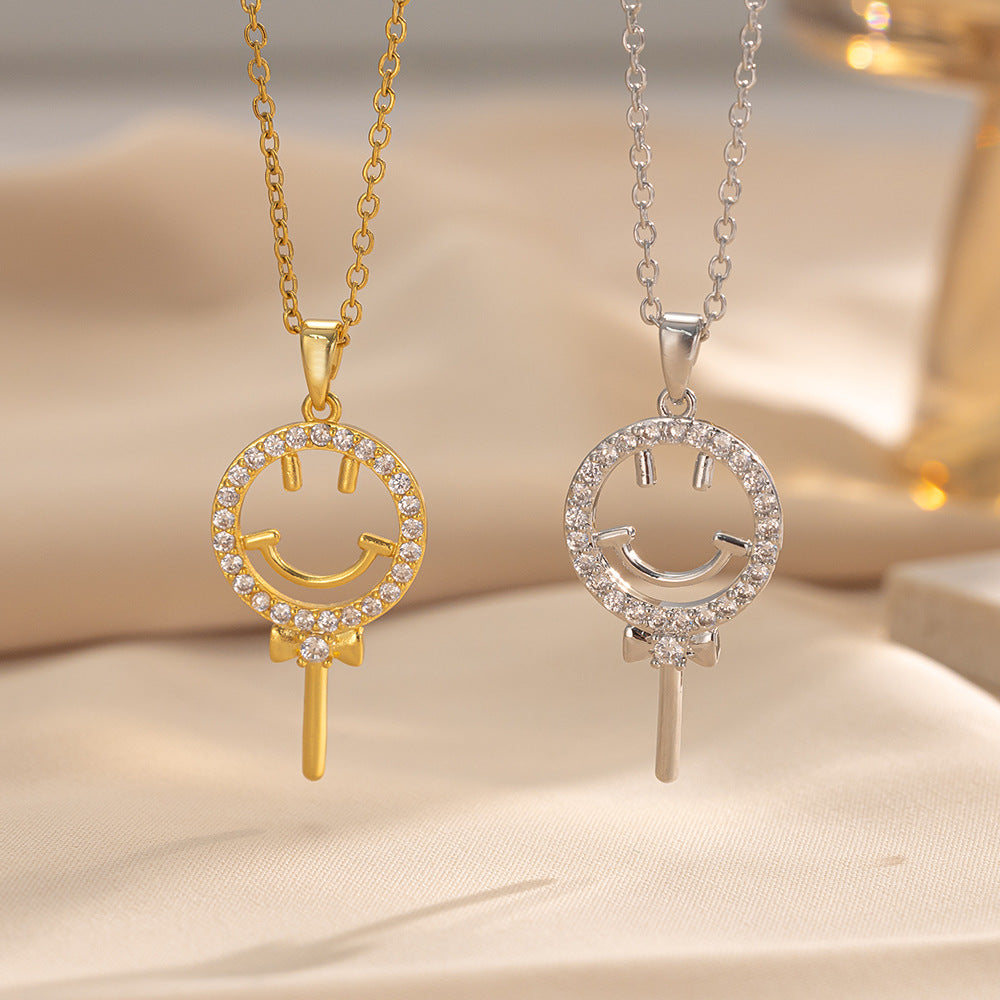 Minimalist Smiley Face Geometric Titanium Steel Plated Necklace for Women with Zircon Accent and O-Chain