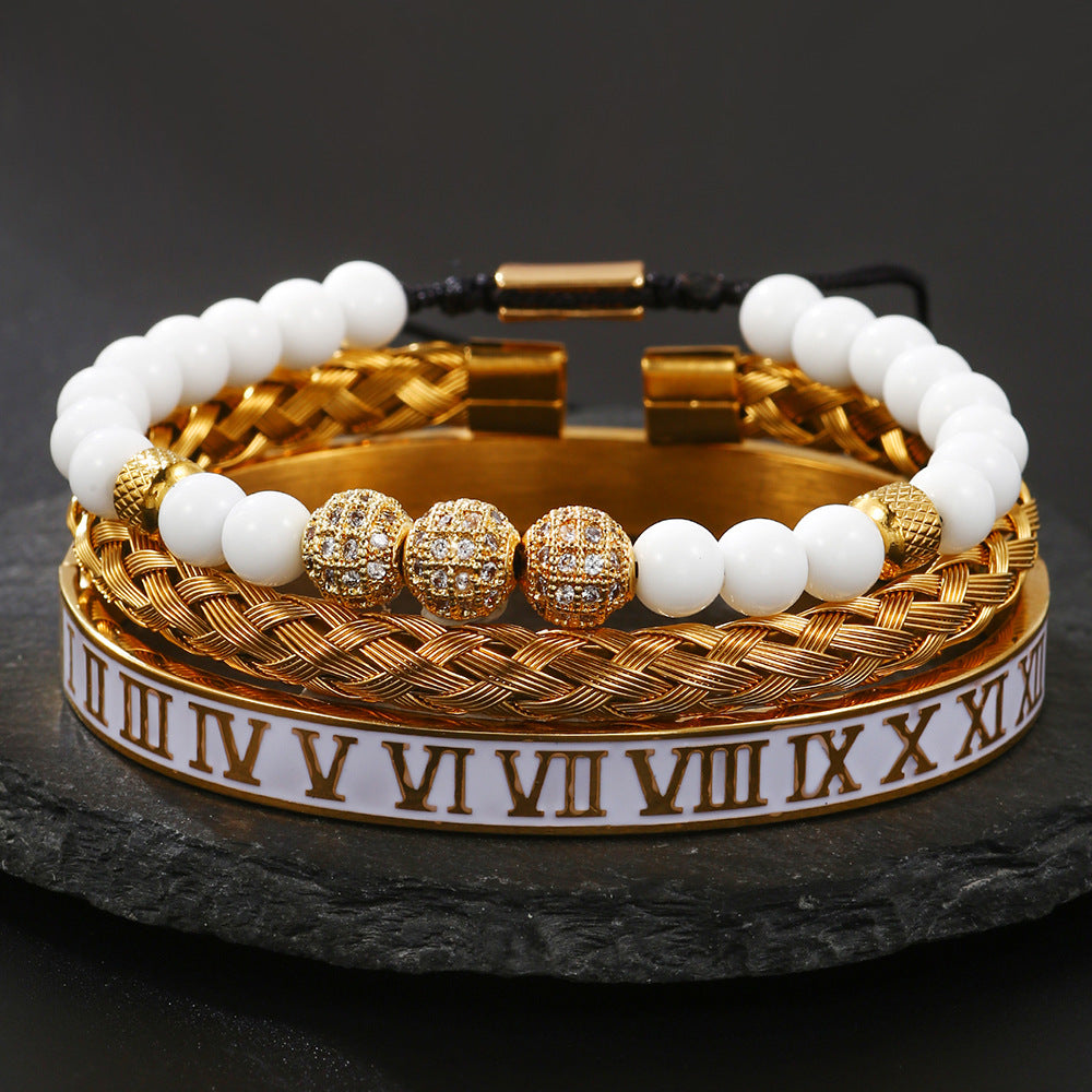 White Drip Oil Plated Stainless Steel Bracelet Set with Cubic Zirconia Skull, Leopard Head, Crown and Roman Numbers