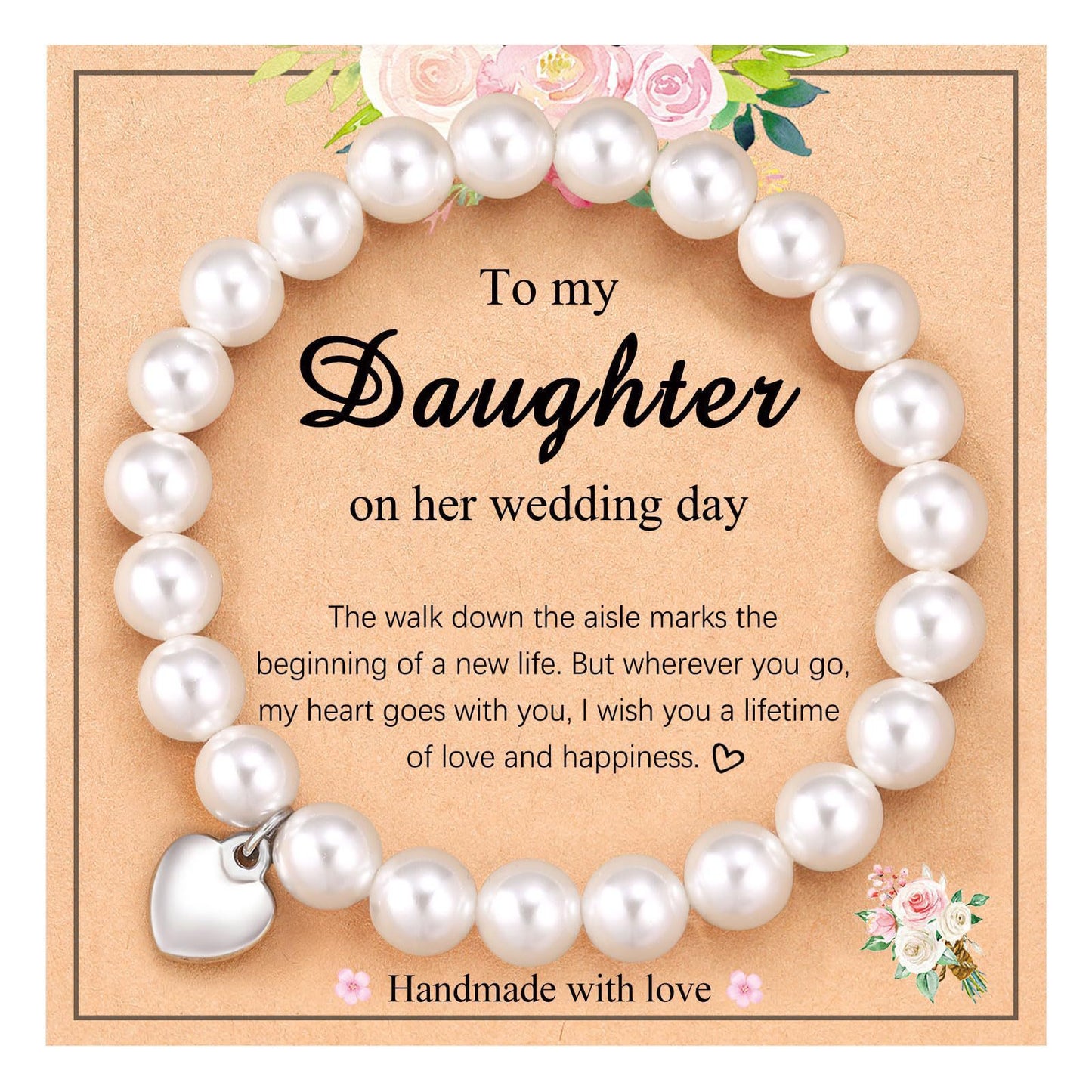 Minimalist 8mm Round Imitation Pearl Heart Charm Bracelet