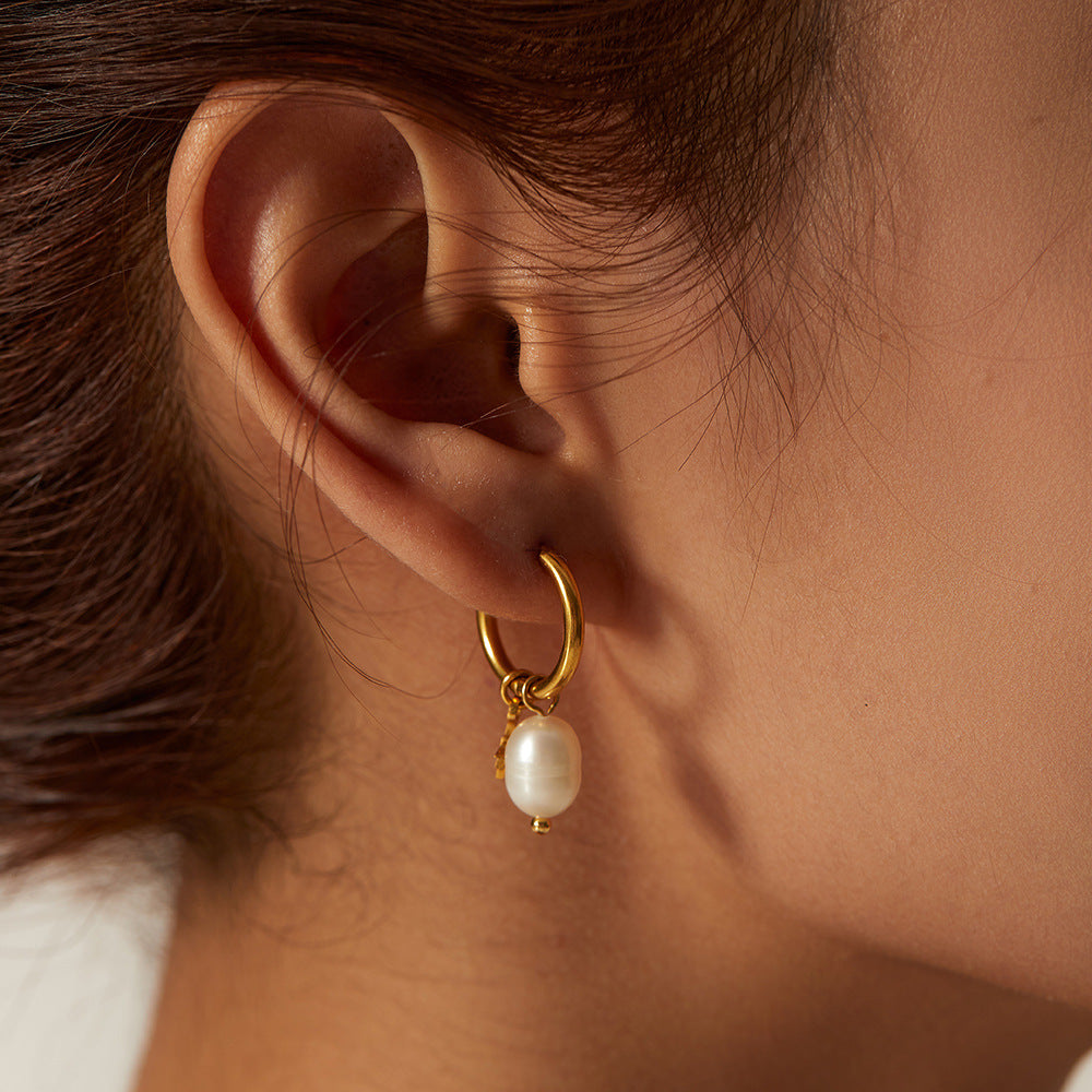 Fashionable Ins Style 18K Gold Plated Stainless Steel Star Pearl Drop Earrings for Women