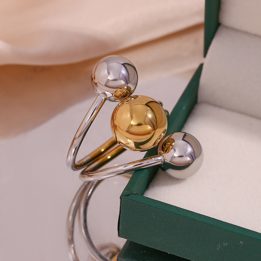 Fashionable Geometric Adjustable Three-Ball Color-Block Ring for Women in Stainless Steel with 18K Gold Plating