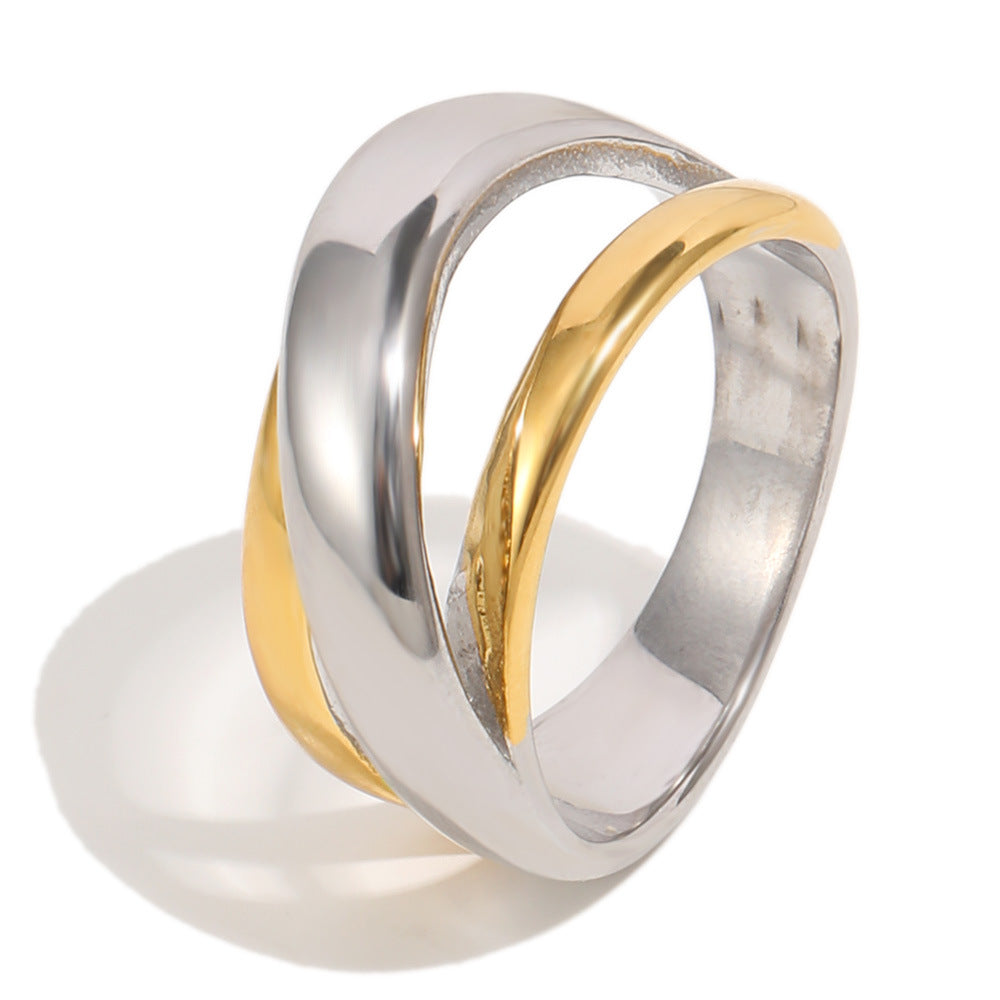 Fashion Minimalist Two-Tone Geometric Stainless Steel Gold Plated Ring for Women