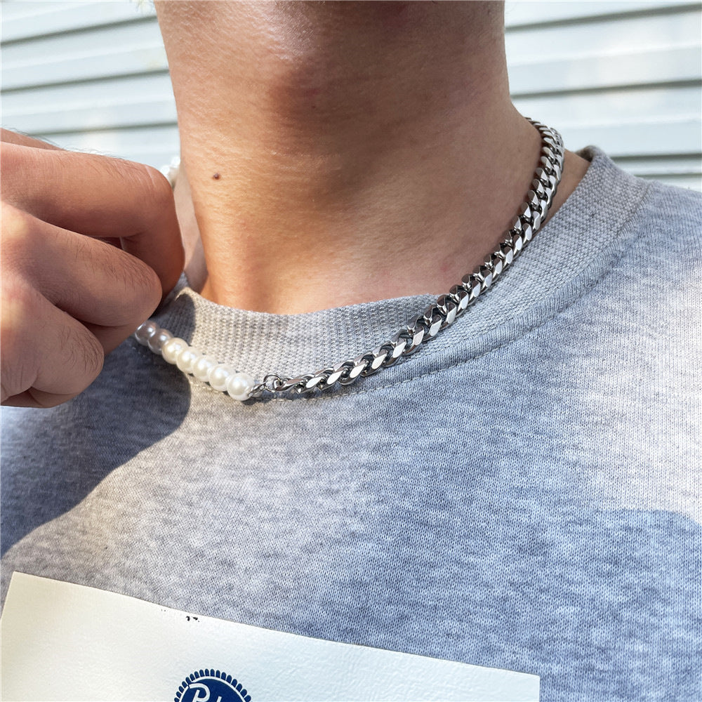 Geometric Titanium Steel Cuban Link Box Chain Necklace with Pearl Unisex