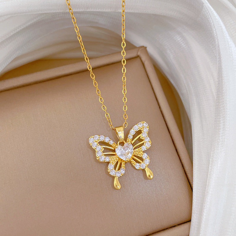 Sweet Minimalist Butterfly Cubic Zirconia Titanium Steel Necklace for Unisex