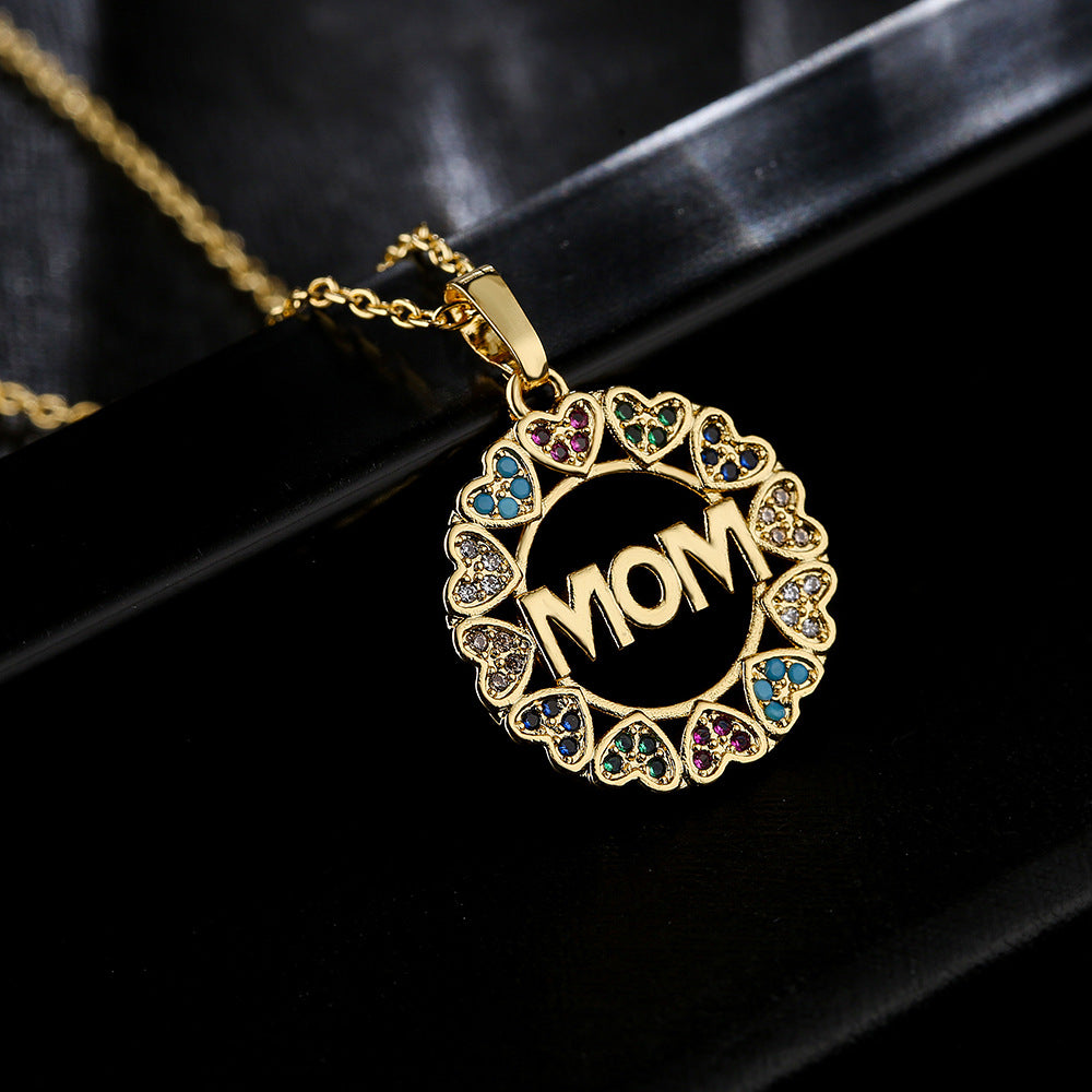 Geometric Heart-Shaped Copper Pendant Necklace with Gold Plating and Zircon Inlay for Mother's Day Gift