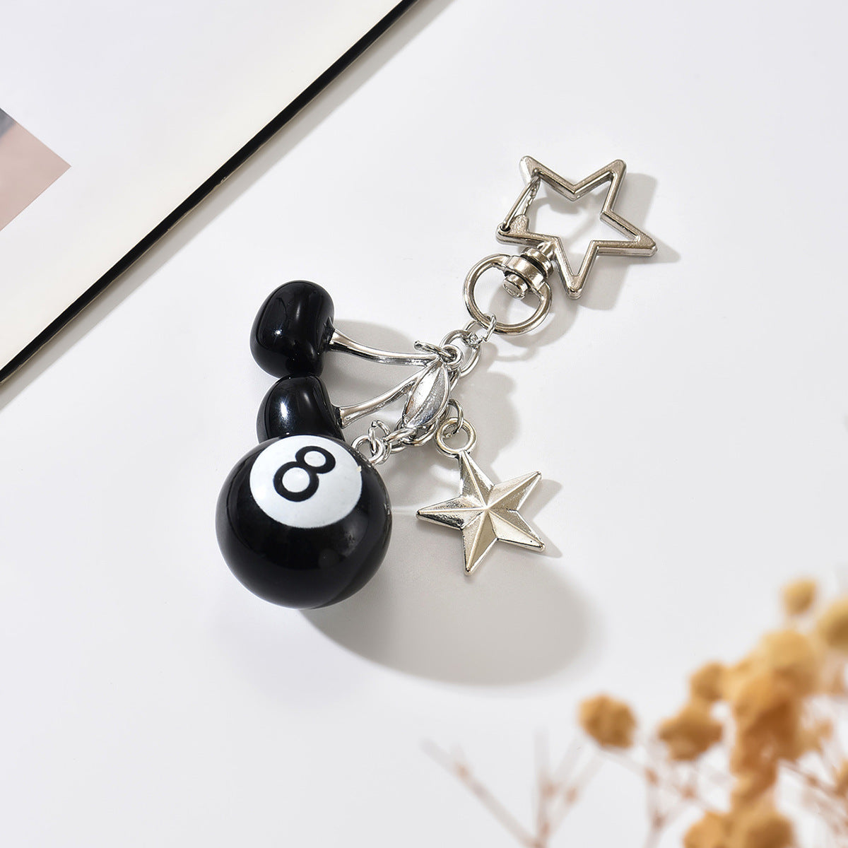 Round Geometric Hand-beaded Zinc Alloy Keychain with Black 8 Billiard Ball Charm
