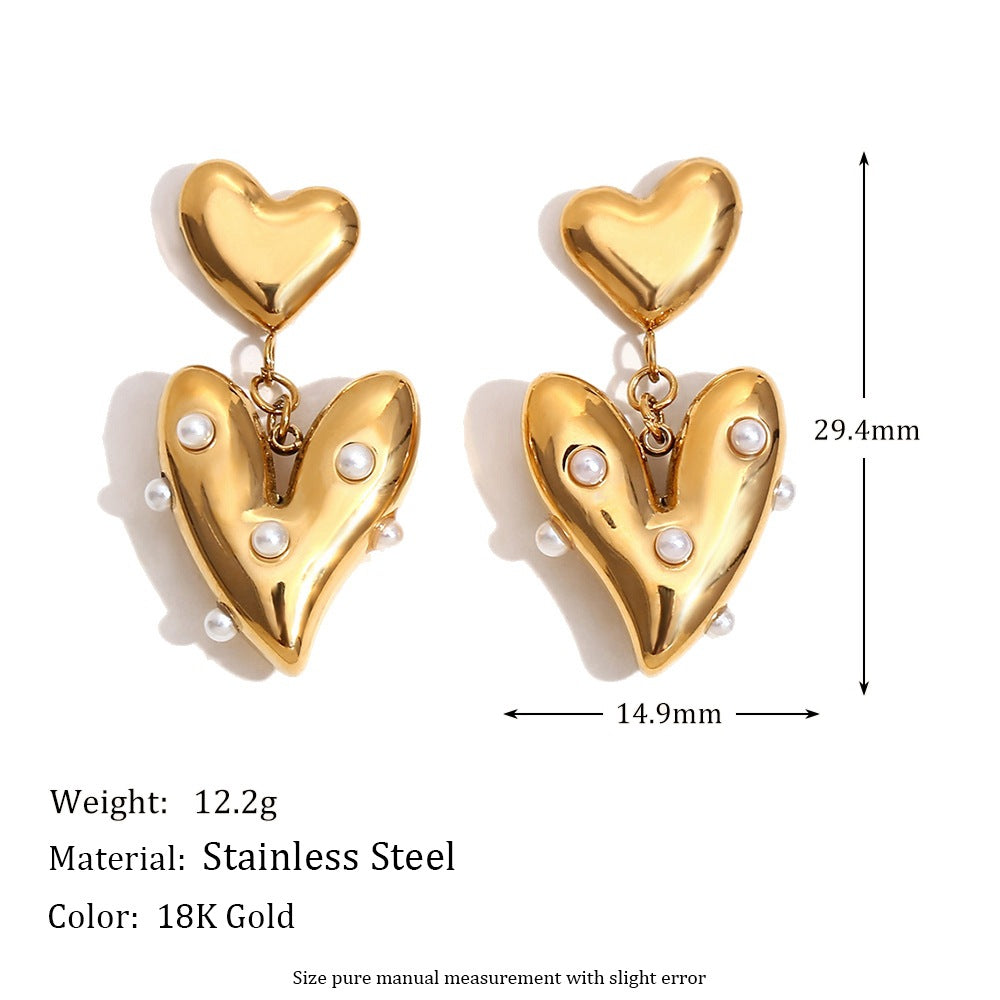 Orecchini da donna alla moda stile OL a forma di cuore irregolare in acciaio inossidabile placcato oro 18 carati con inserti di perle