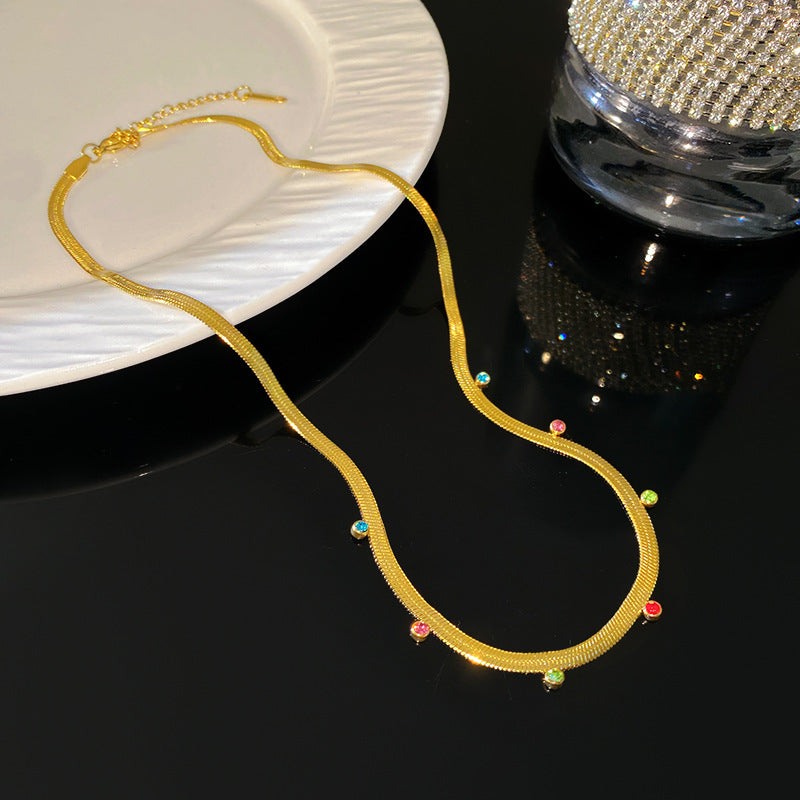 Sweet Streetwear Geometric Titanium Steel PVD Necklace with Cubic Zirconia and Flat Snake Chain