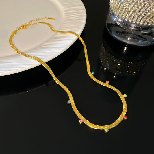Sweet Streetwear Geometric Titanium Steel PVD Necklace with Cubic Zirconia and Flat Snake Chain