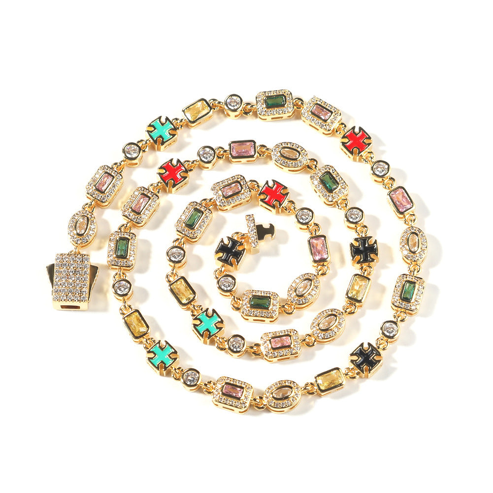 Hip-hop Geometric Round Square Brass Inlay Rhinestone Gemstone Necklace for Unisex