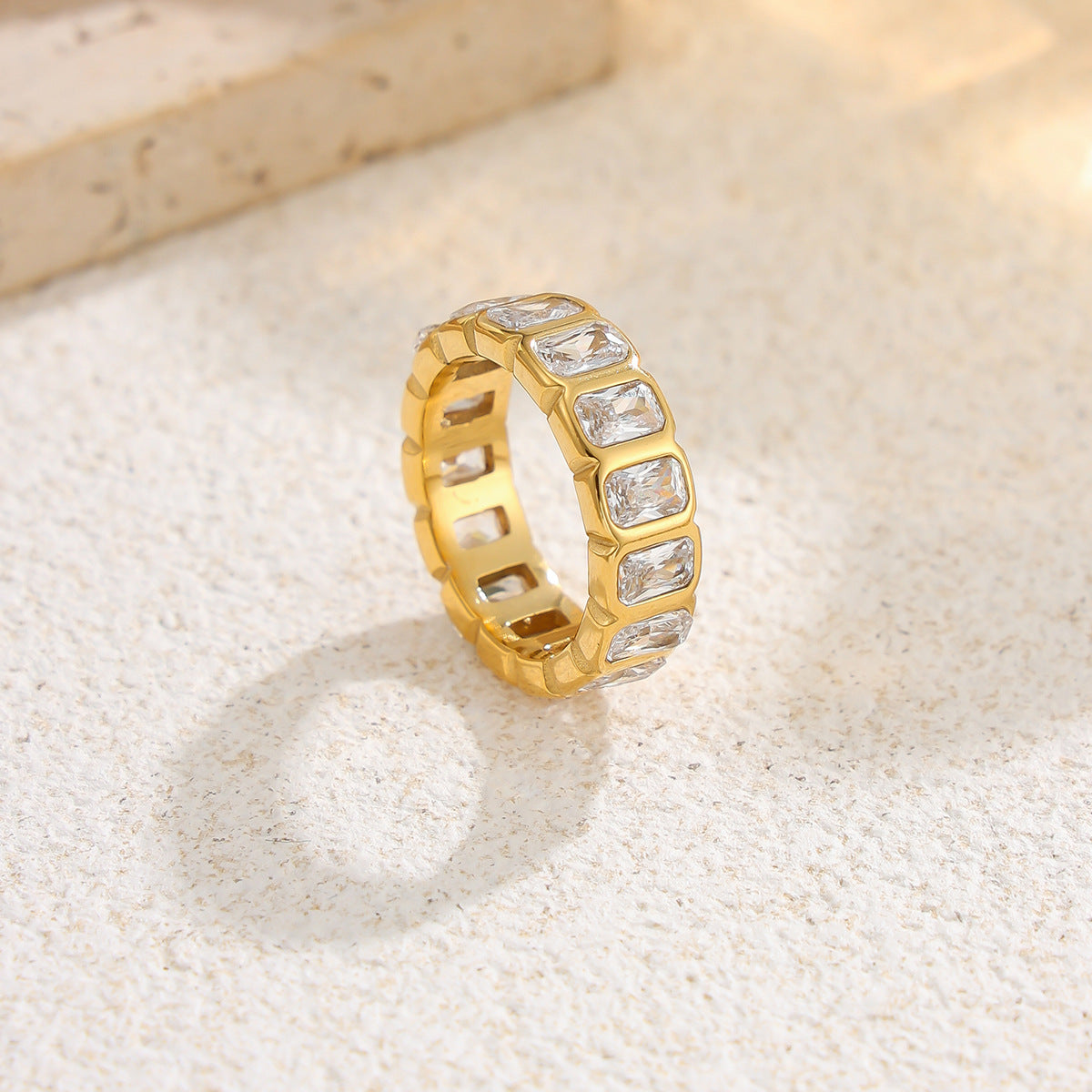 Luxury 18K Gold Plated Stainless Steel Square Round Micro Pave Cubic Zirconia Ring for Women