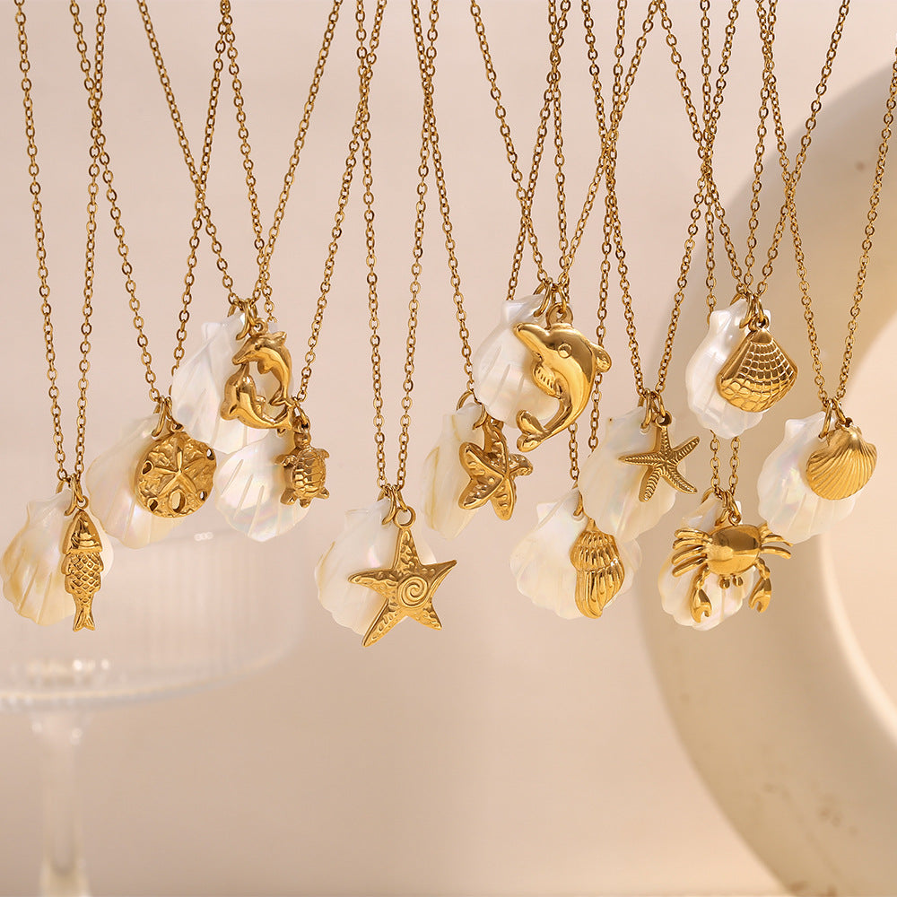 Minimalist Shell and Star Pendant Necklace in Stainless Steel with 18K Gold Plating for Women