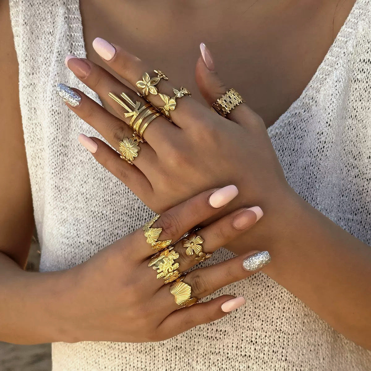 Elegant Gold Plated Stainless Steel Butterfly Star Geometric Ring