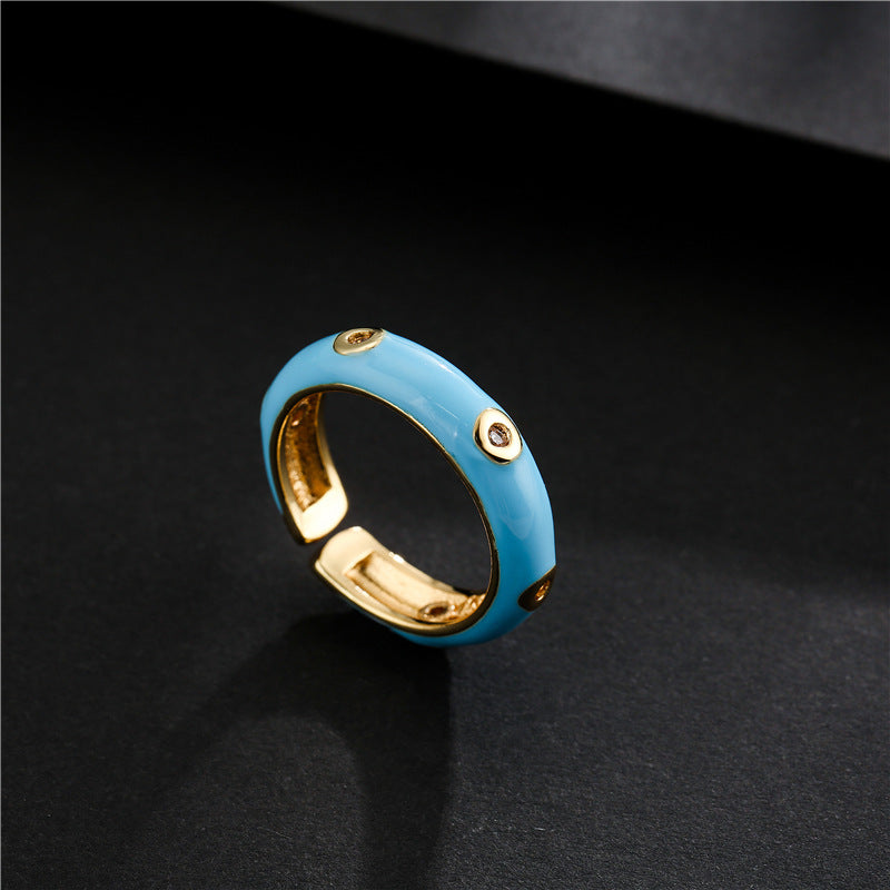Geometric Drip Oil Brass 18K Gold Plated Cubic Zirconia Inlay Open Ring for Women