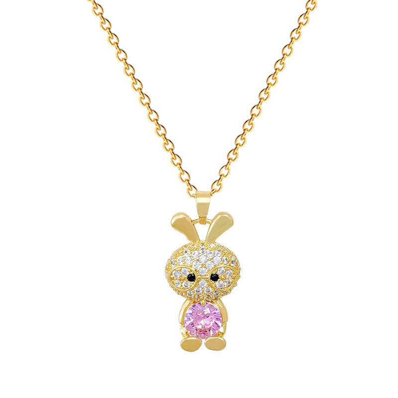 Sweet Luxury Cartoon Rabbit Geometric Rhinestone Pendant Titanium Steel Necklace for Unisex
