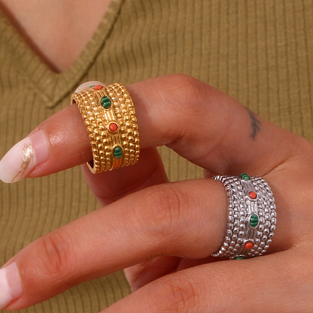 Bohemian Vintage Geometric Dot Pattern Ring for Women in Stainless Steel with 18K Gold Plating and Natural Stone Accent