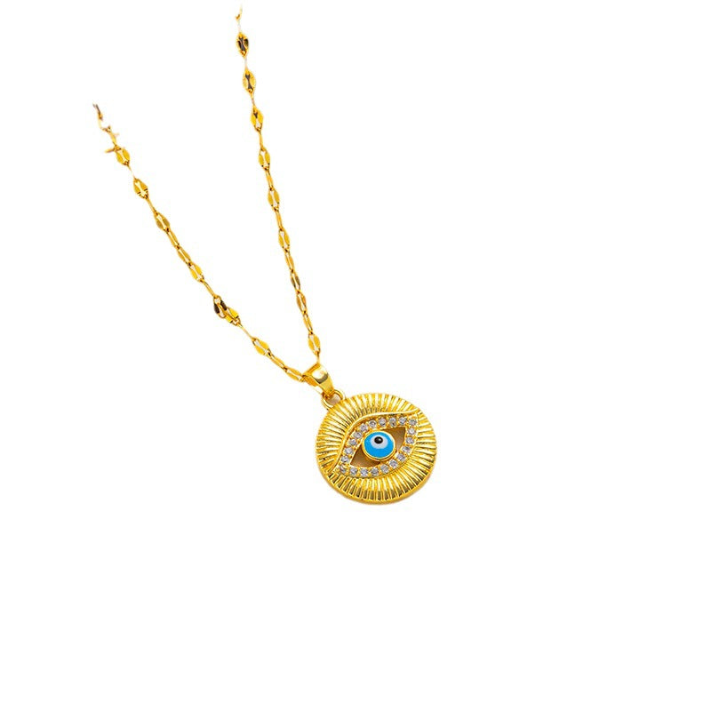 Collana con ciondolo occhio di Allah alla moda in acciaio al titanio con finitura galvanizzata, design a occhio in smalto blu su catena ondulata, unisex
