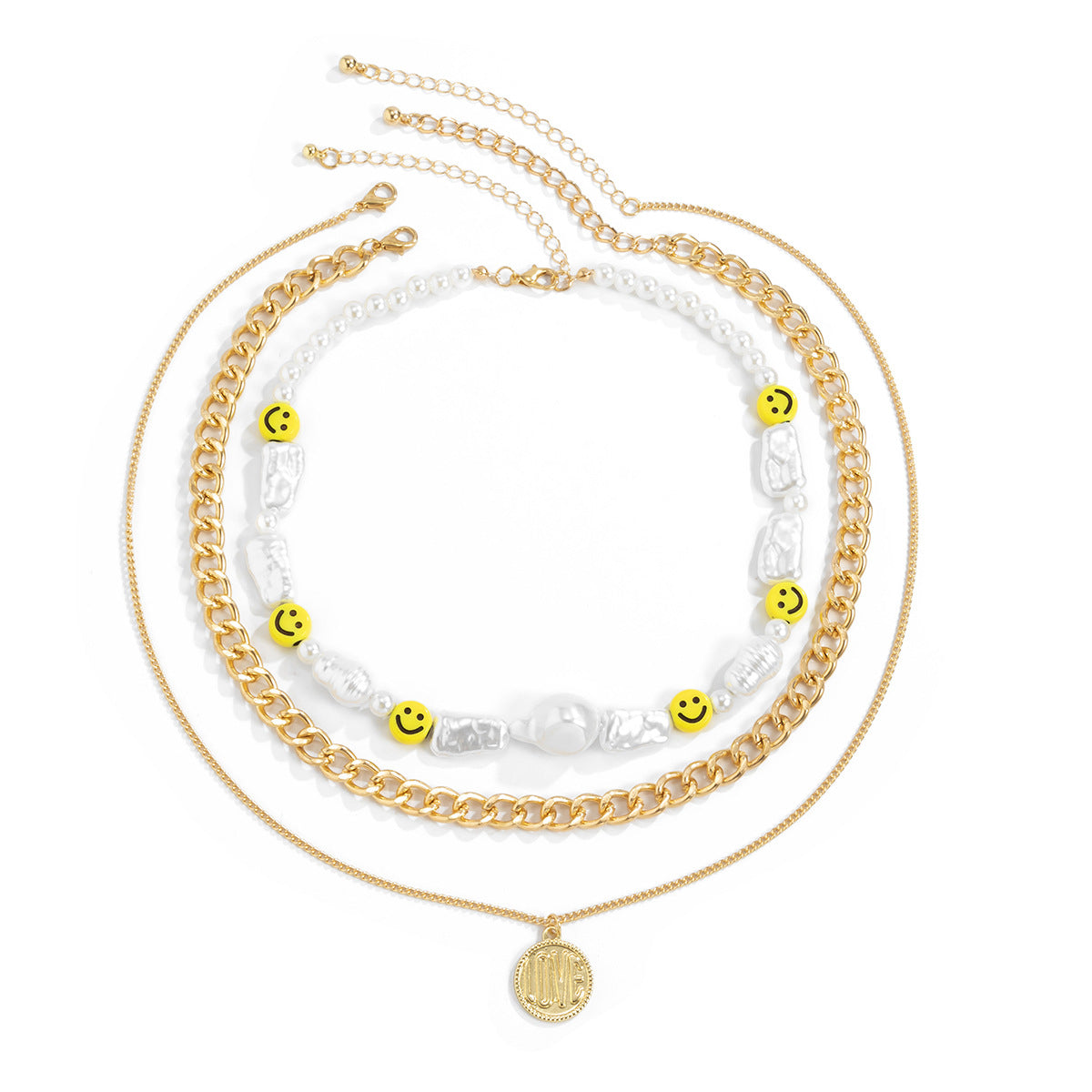 Affascinante Collana Multistrato in Stile Rustico con Faccina Sorridente e Ciondolo a Lettera d'Amore in Lega con Finitura Galvanica