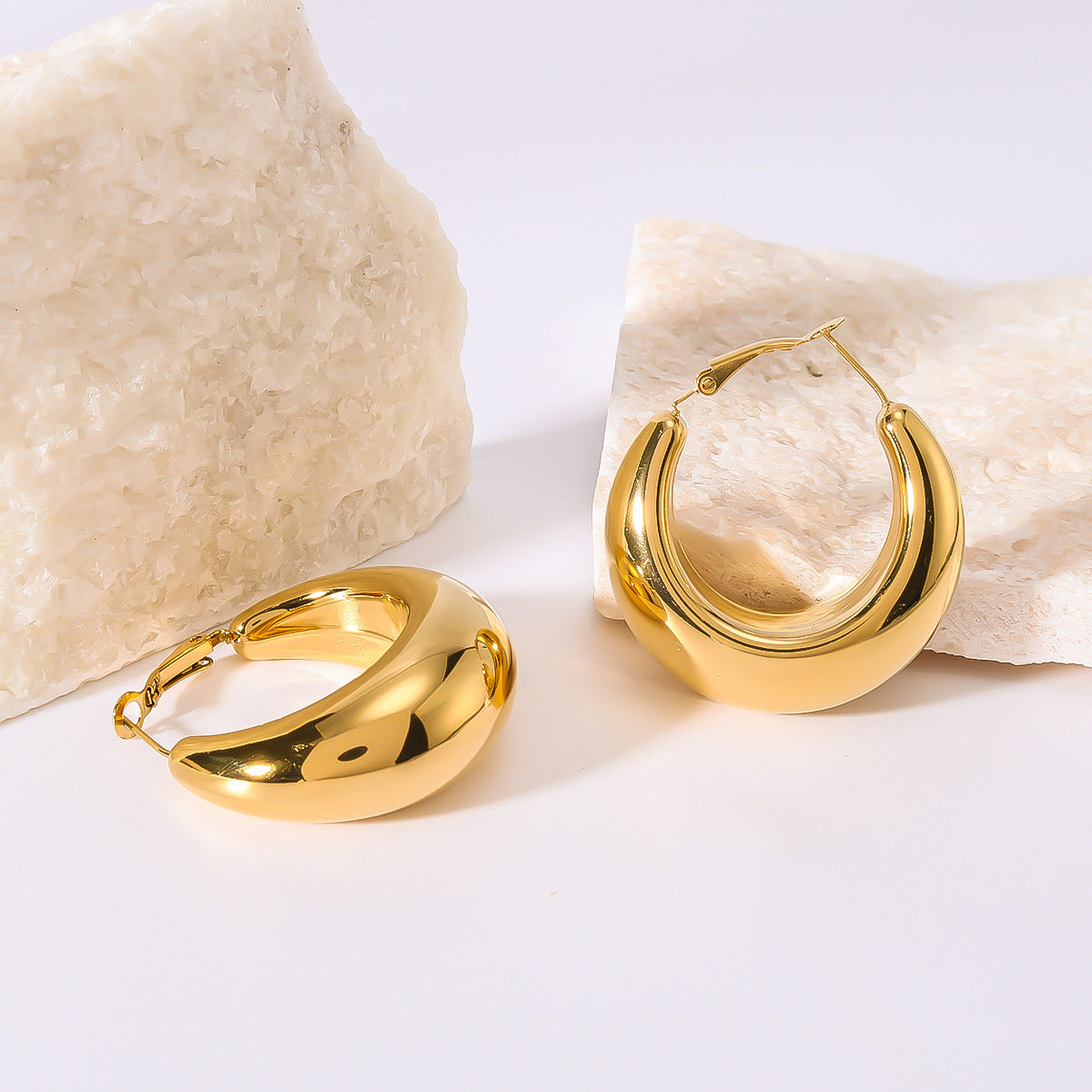 Minimalist Geometric C-Shaped Stainless Steel Hoop Earrings for Women with Vacuum Plated 18K Gold Finish Hypoallergenic Polished Surface