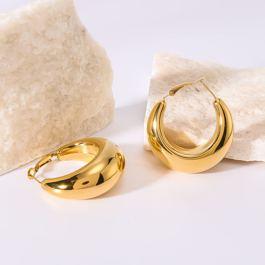 Orecchini a Cerchio da Donna Minimalisti Geometrici a C in Acciaio Inox con Finitura Placcata in Oro 18K Sottovuoto, Ipoallergenici, Superficie Lucida
