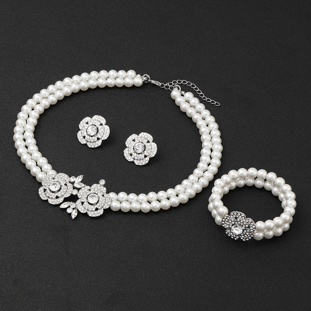 Juego de collar unisex de perlas de imitación con forma de hoja de estilo natural y cadena de serpiente con incrustaciones de diamantes de imitación
