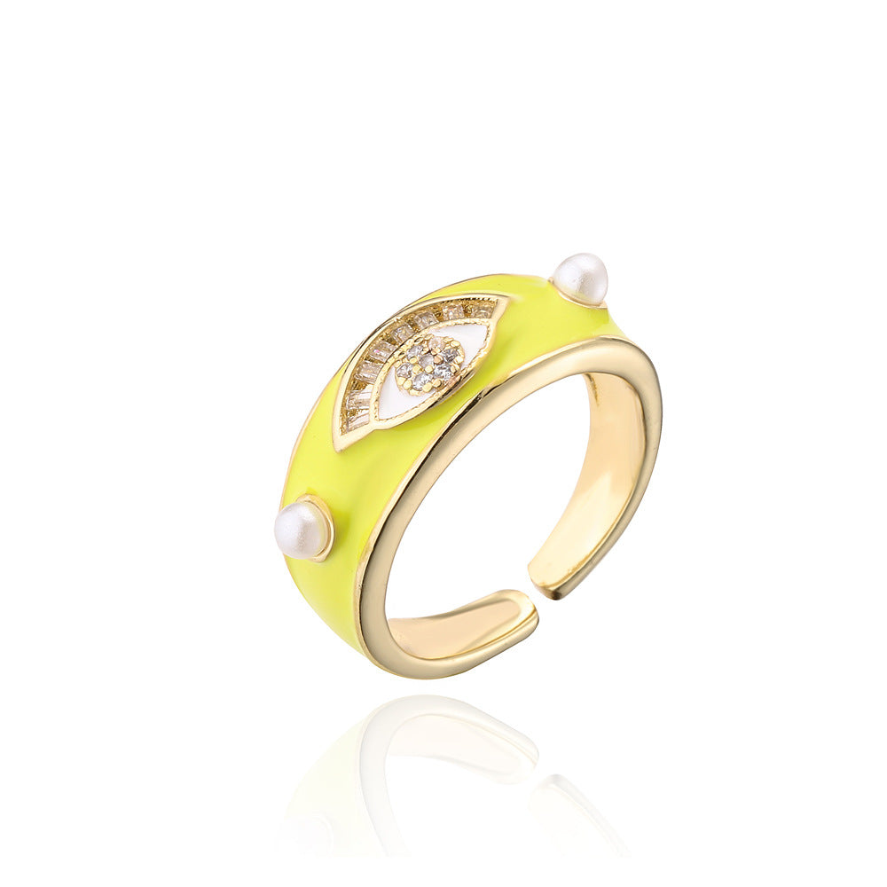 Minimalist Geometric Eye-Shaped Open Ring for Women Made of Brass with 18K Gold Plating and AAA Zircon Inlay