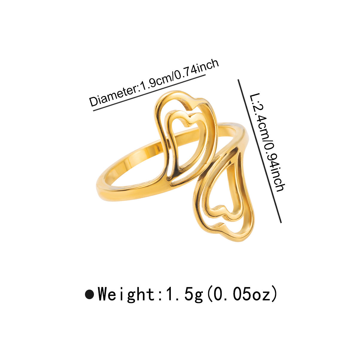 Anello regolabile minimalista a forma di cuore con ala d'angelo geometrica in acciaio inossidabile con finitura galvanizzata